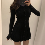 Ribbed Long Sleeve Round Neck Button Down Pleated Dress