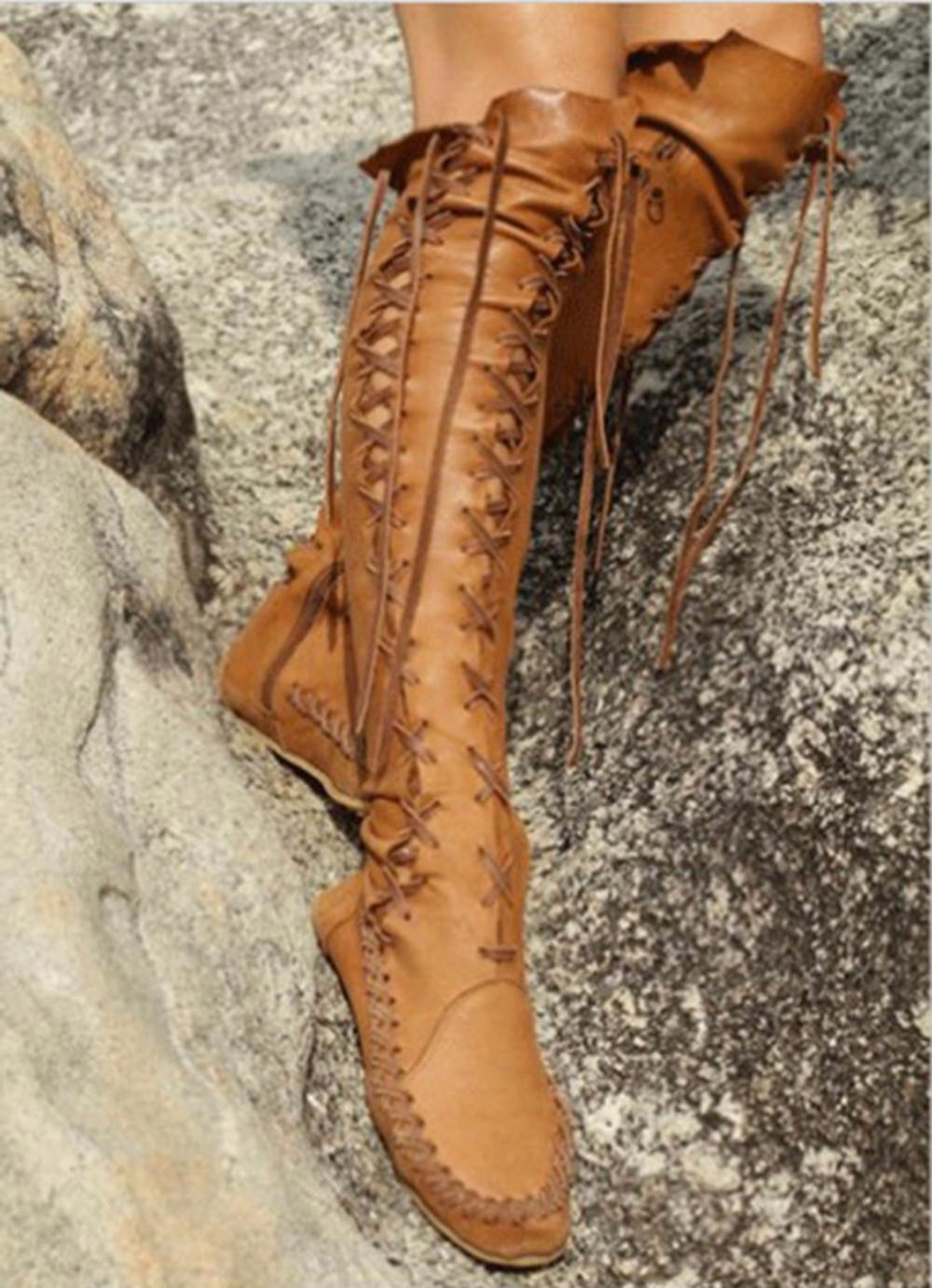 Round Toe Lace Up Flats Strappy Knee High Boots