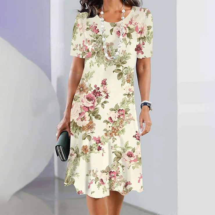 Floral Printed Round Neck Short Sleeves Casual Dress