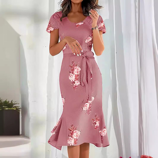 Crew Neck Short Sleeves Floral Printed Midi Dress