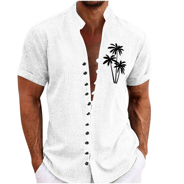 Stand Collar Coconut Tree Printed Casual Shirt