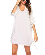 Split Neck Drawstring Side Solid Beach Cover Up