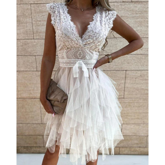 Lace V-Neck Short Sleeves A-Line Short Knee-Length Wedding Dress