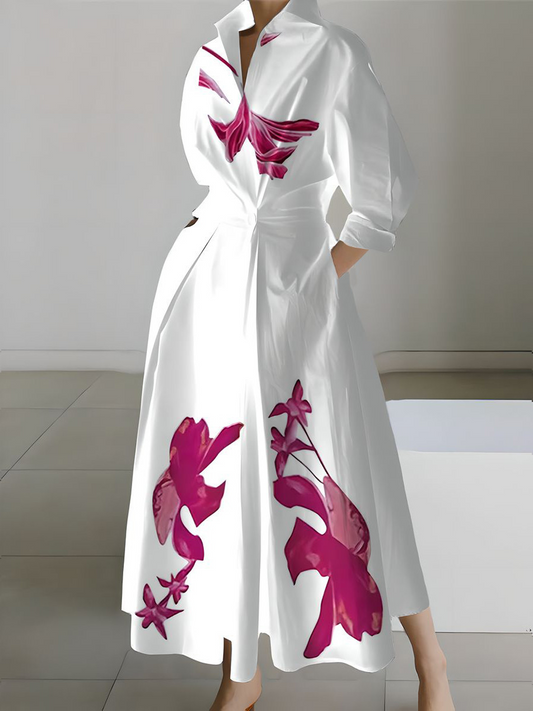 White Floral Printed Long Casual Shirt Dress