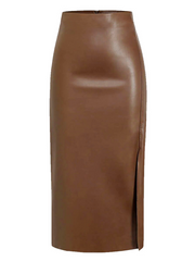 Ruched Faux Leather Slit Midi Skirt