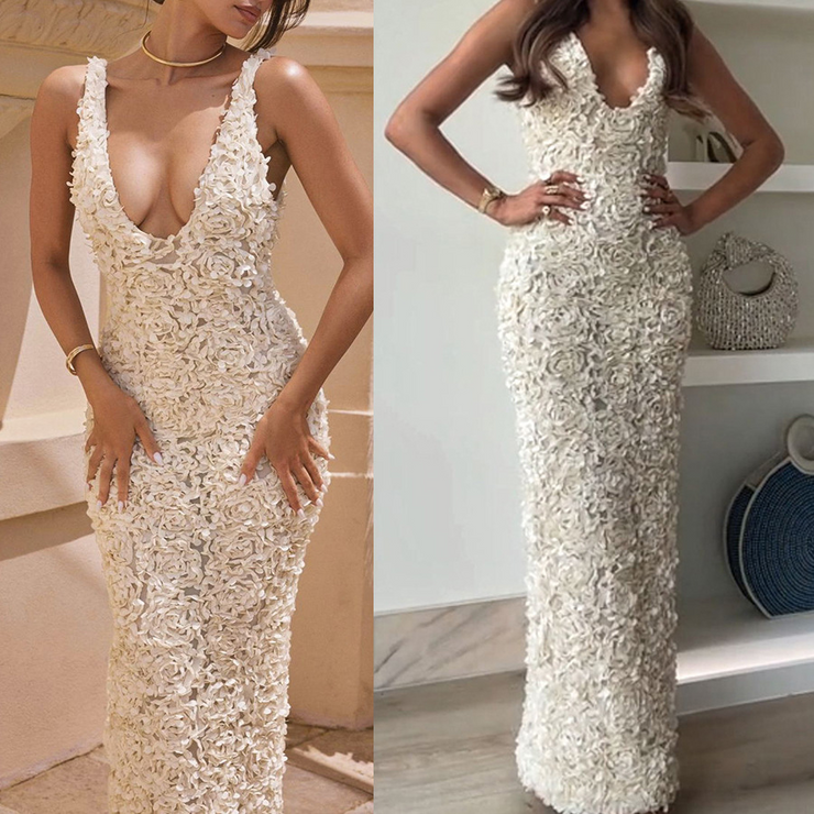 Appliques V-Neck Sleeveless Slit Maxi Dress