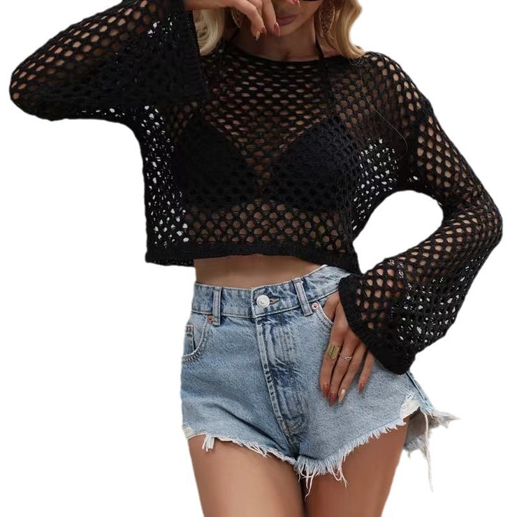 Sheer Crochet Long Sleeve Swim Cover-Up Top