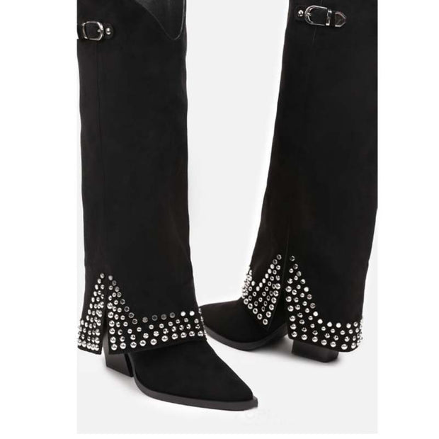 Suede Flap Knee-High Heel Boot