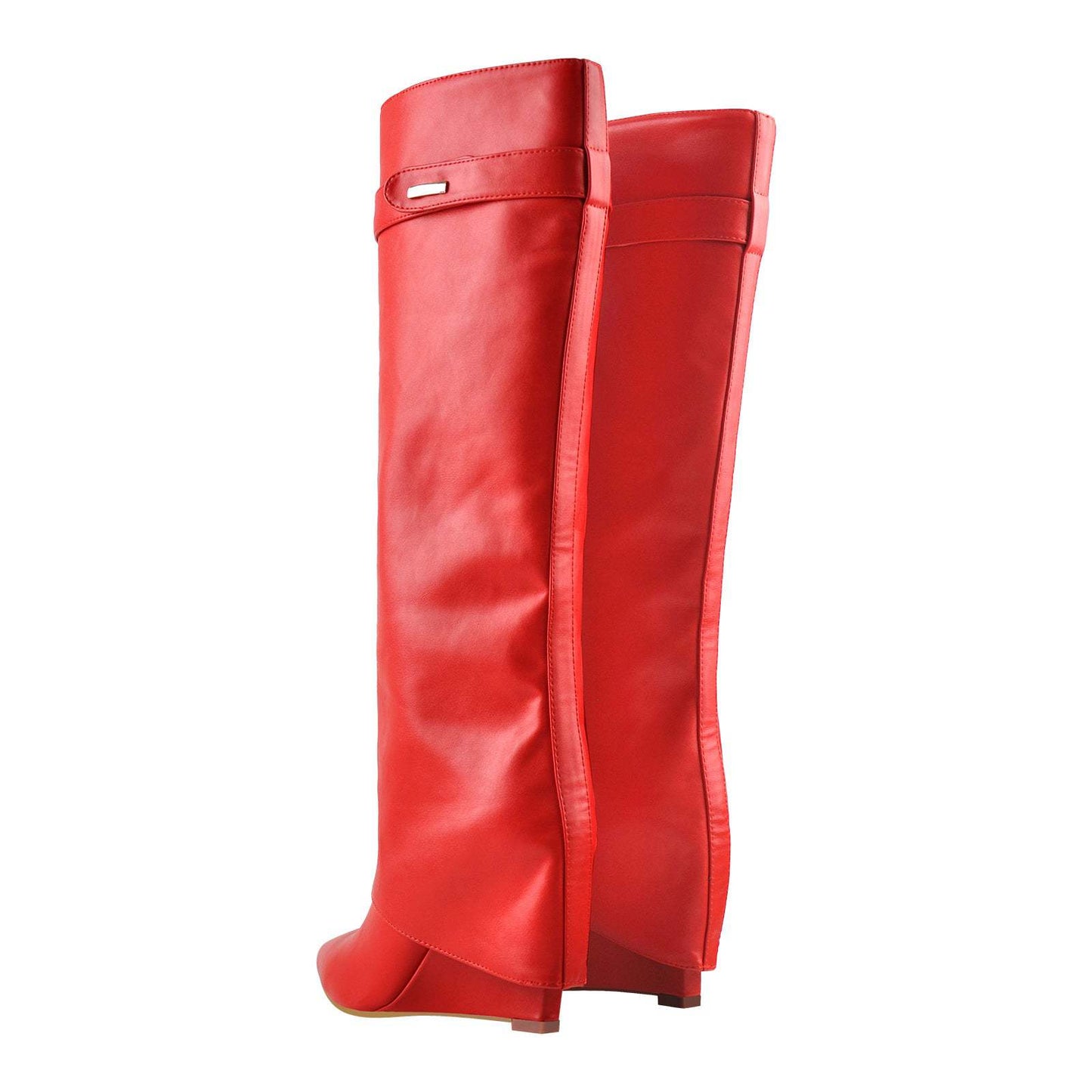 Red Pointed Toe High Heel Wedge Cover Up Fold Over Knee High Boots