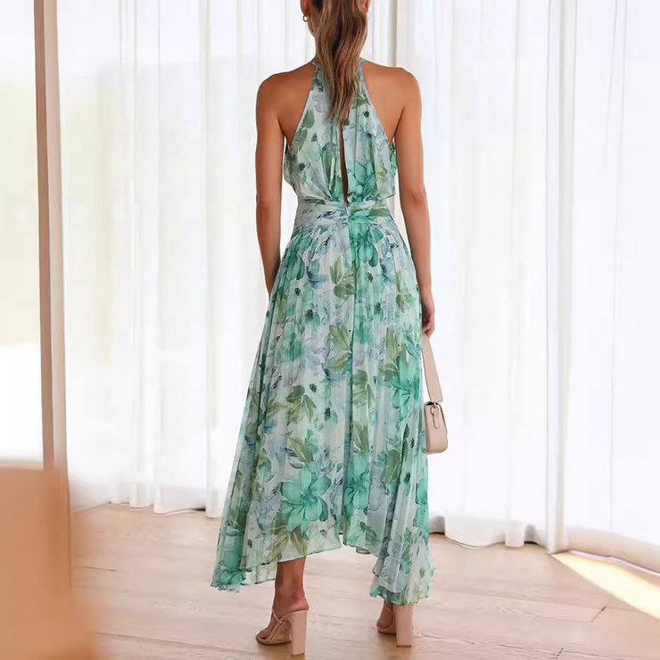 Light Cyan Floral Printed Cutout Neck Pleated Maxi Dress