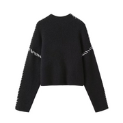 Contrast Whipstitching Turtleneck Long Sleeve Sweater