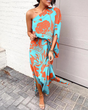 Floral Printed One Shoulder Split Hem Maxi Dress