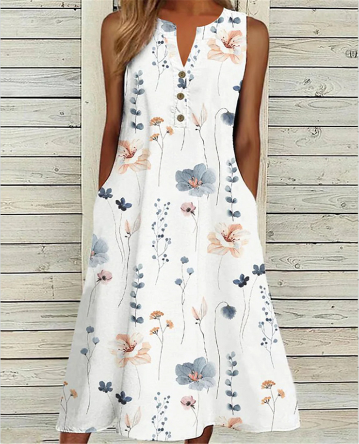 Floral Printed Sleeveless Midi Casual Dress