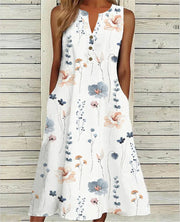 Women Floral Printed V Neck Sleeveless Loose Casual Midi Dress