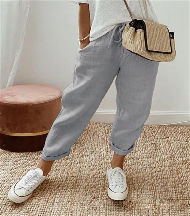 Casual Baggy Cotton Linen Cropped Plain Pant