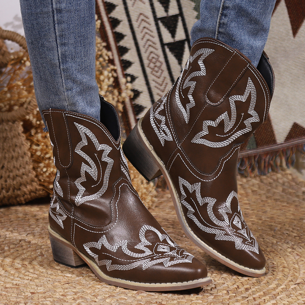 Snip Toe Embroidered Short Cowboy Boots