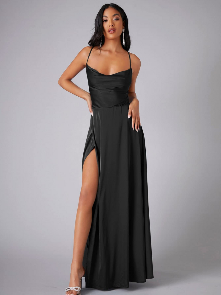 Satin A-Line Sleeveless Front Slit Prom Dress