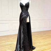 Black V Neck Sleeveless Front Slit Prom Dress