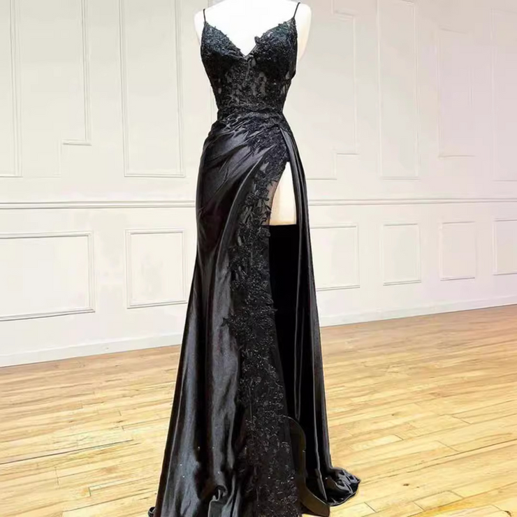 Black V Neck Sleeveless Front Slit Prom Dress