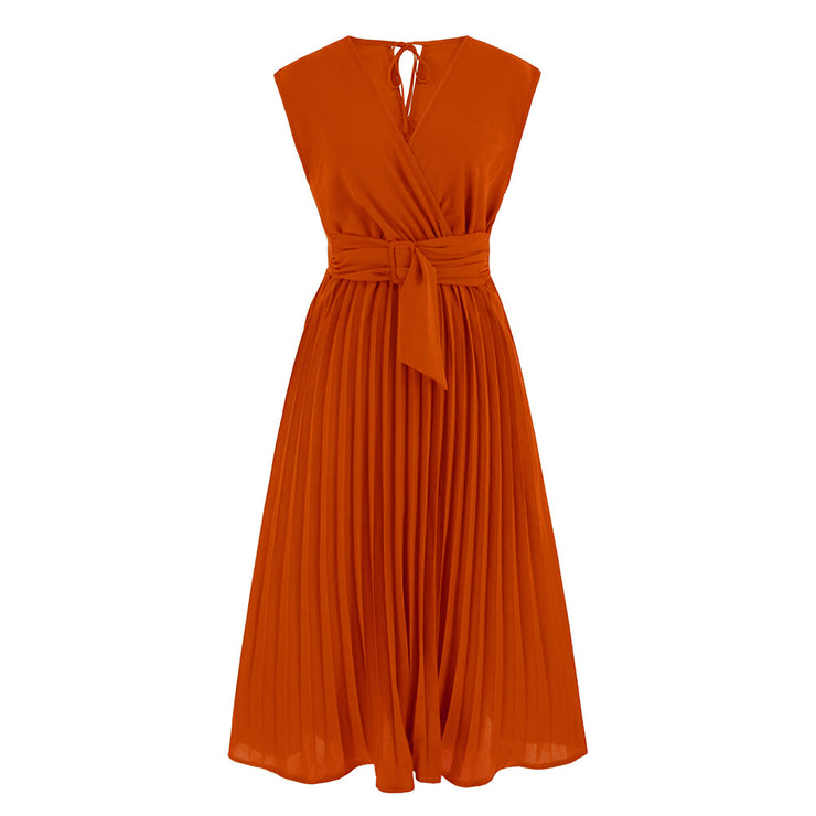 Sash Adorned Pleated Wrap Sleeveless Dress