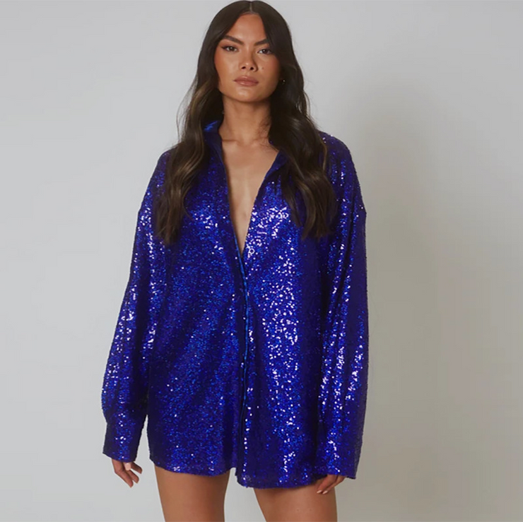 Sequin Long Sleeve Shirt Party Mini Dress