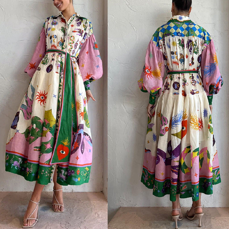 Unique Print Balloon Sleeve Shirt Midi Dress