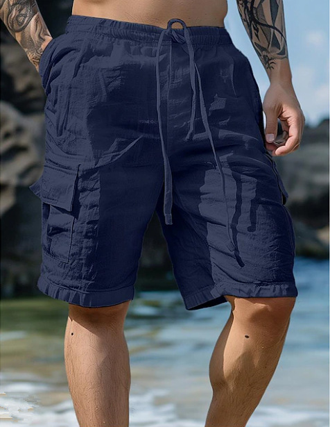 Plain Multi Pockets Linen Knee Length Shorts