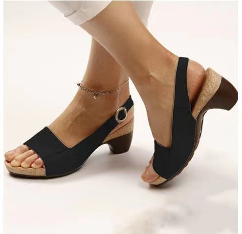 Retro Solid Simple Open Toe Chunky Heel Sandals