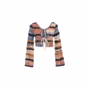 Stripe Feather Detail Tie Front Long Sleeve Knit Cardigan