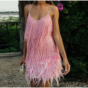 Spaghetti Strap Fringe Feather Detail Mini Dress