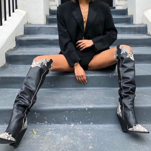 Pointy Toe Python Embossed Western Thigh-High Boots