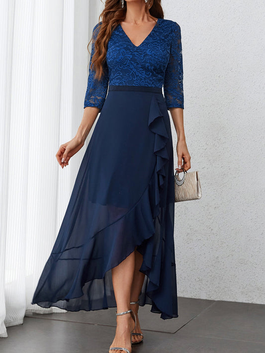 Wedding Party Lace Chiffon Zip 3/4 Sleeve Midi Formal Dress