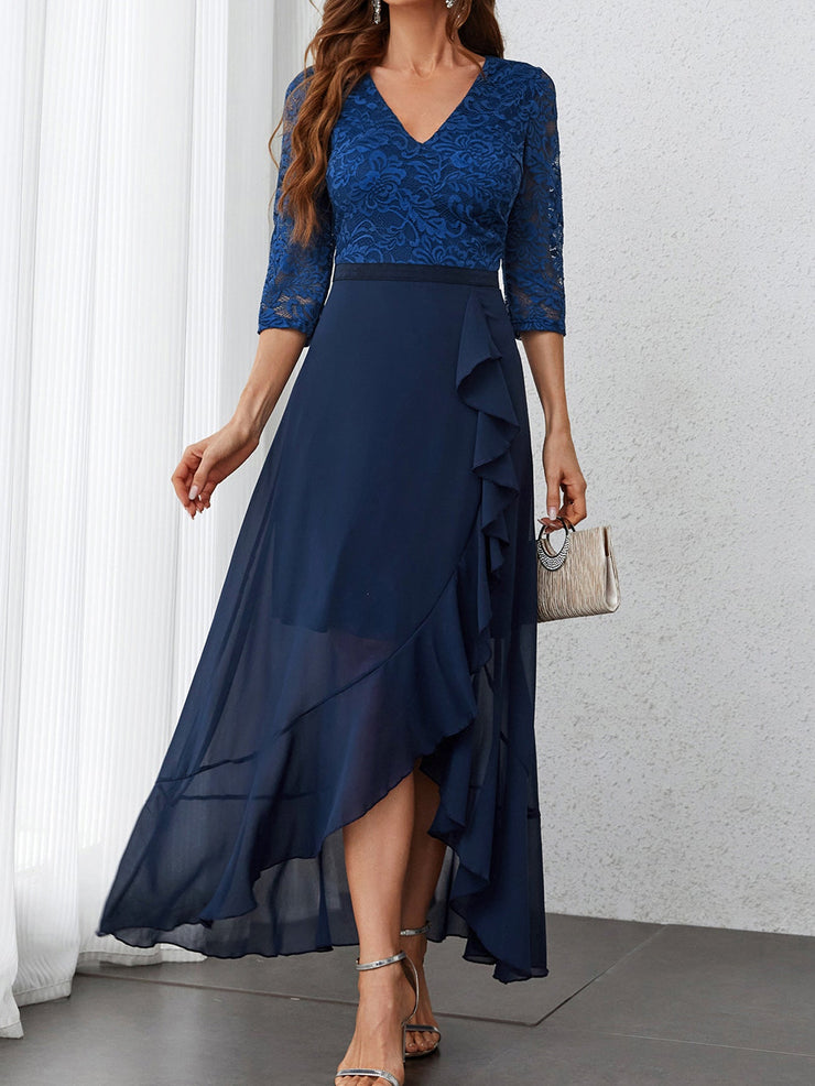 Wedding Party Lace Chiffon Zip 3/4 Sleeve Midi Formal Dress