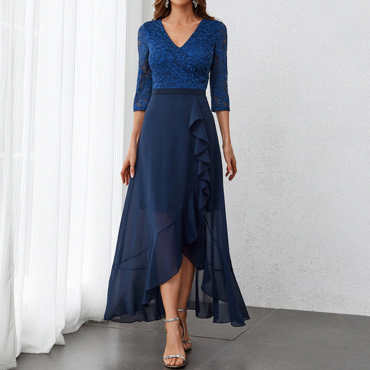 Wedding Party Lace Chiffon Zip 3/4 Sleeve Midi Formal Dress