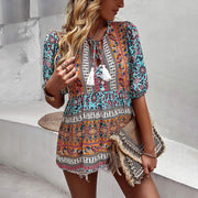 Women V-Neck Knotted Short Sleeves Printed Top