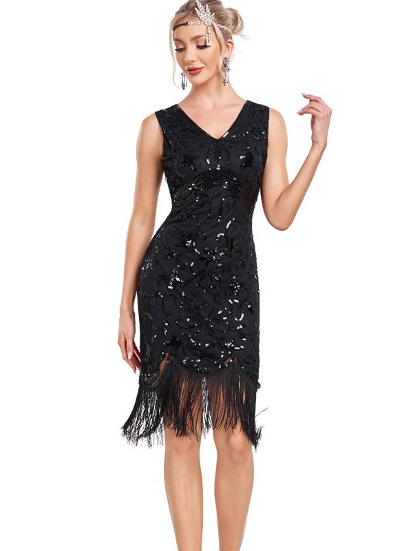 Black V Neck Sleeveless Sequin Fringe Dress