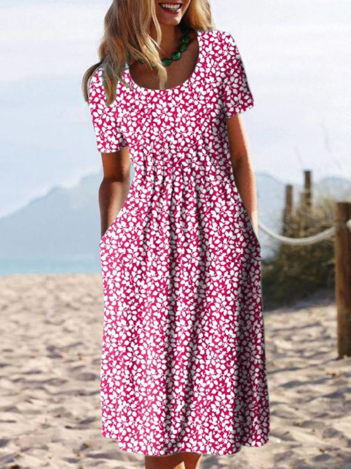 Round Neck Floral Printed Midi Dress