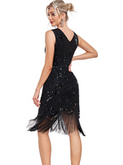 Black V Neck Sleeveless Sequin Fringe Dress