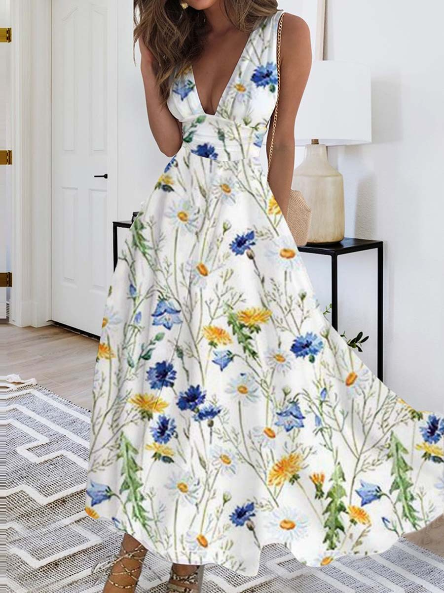 Floral Printed V Neck Loose Maxi Dress