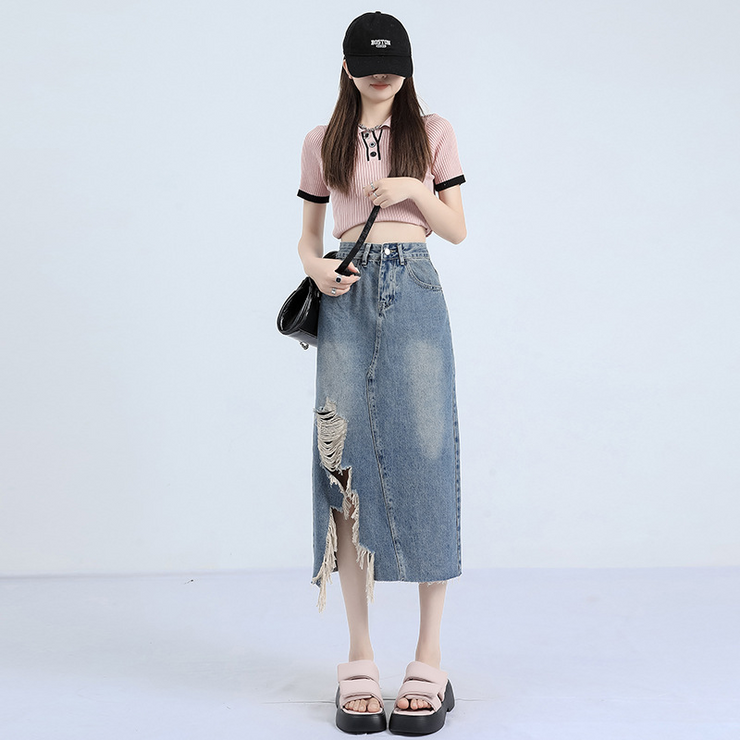 Asymmetric Ripped Trim Denim Skirt