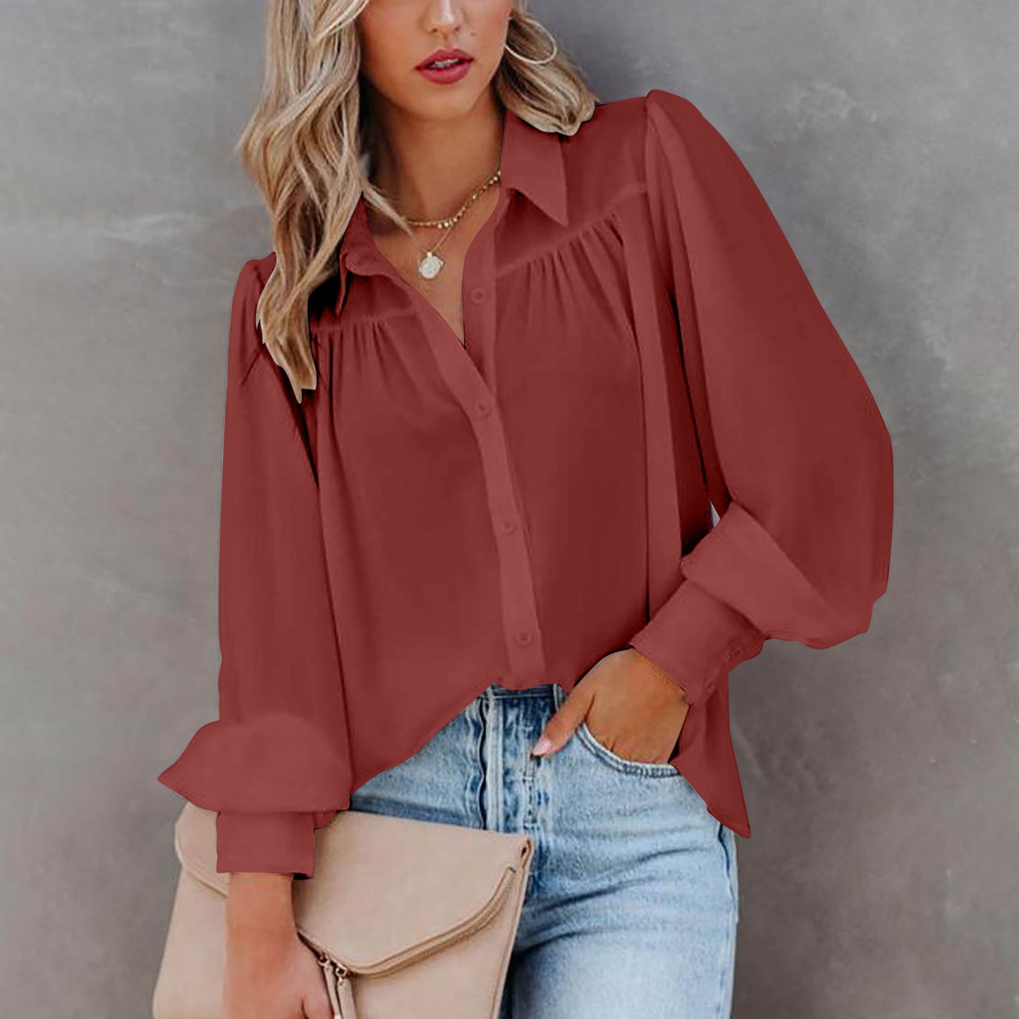 Women V-Neck Casual Long Sleeves Blouse Top