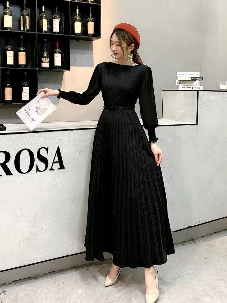 Simple Pleated Long Sleeves Belted Maxi Dress