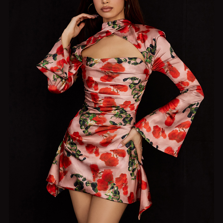 Floral Printed Cut Out Front Mini Dress