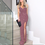 Sequin Deep V Neck Sleeves Front Slit Prom Dress