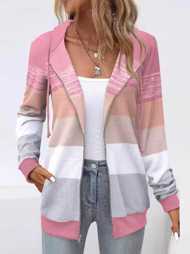 Pink Pocket Geometric Print Long Sleeve Hoodie