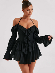 Halter Neck Ruffled Trim Mini Dress