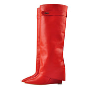 Red Pointed Toe High Heel Wedge Cover Up Fold Over Knee High Boots