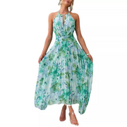 Light Cyan Floral Printed Cutout Neck Pleated Maxi Dress