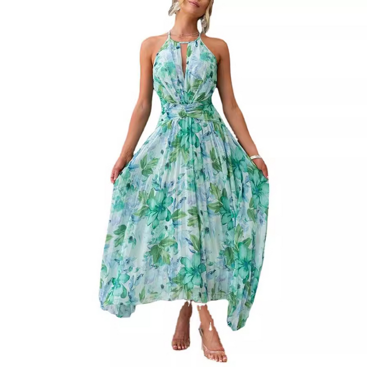 Light Cyan Floral Printed Cutout Neck Pleated Maxi Dress