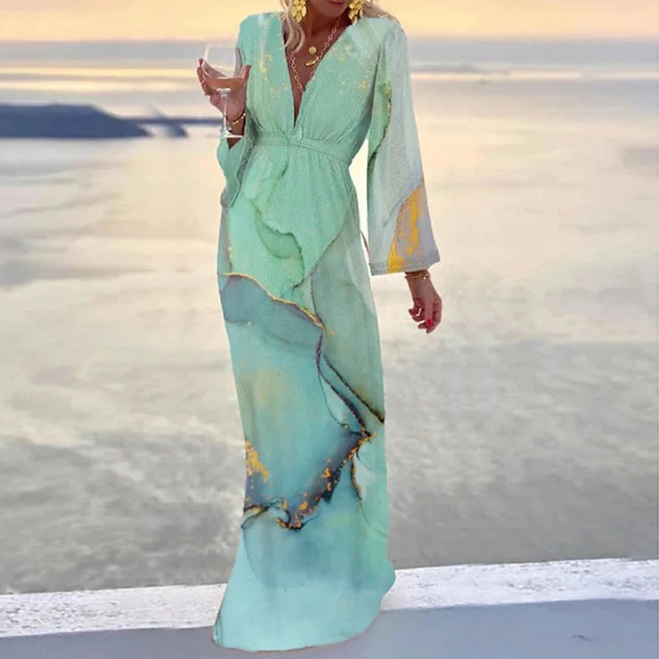 A-line Landscape Print Boho V Neck Long Sleeve Loose Dress